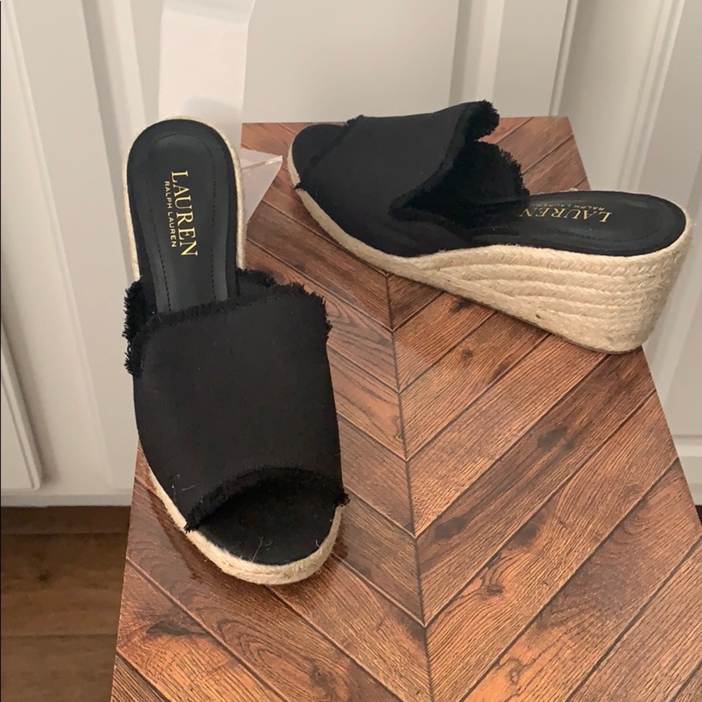 Lauren Black Carlynda Linen Espadrille Peep Toe Wedge - 7.5 - New
